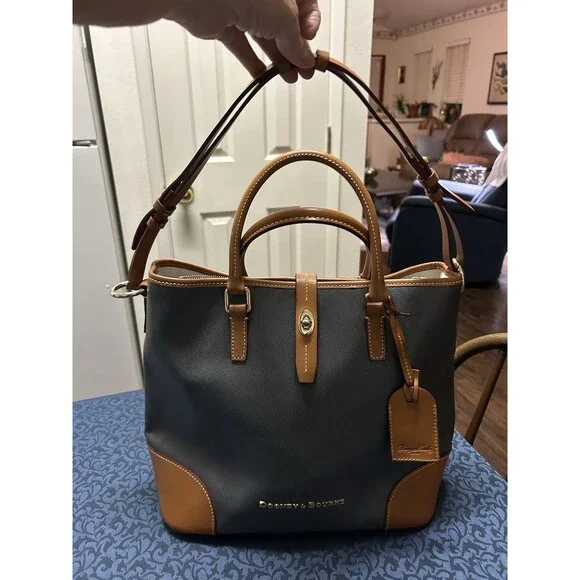 Dooney & Bourke Shelby Shopper Tote Gray Tan Leather Shoulder Bag Satchel Purse - Picture 2 of 16